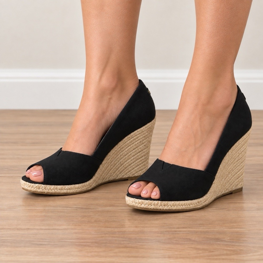 TOMS Michelle Black Canvas Peep Toe Espadrille Wedge Heels Women's New size 9
